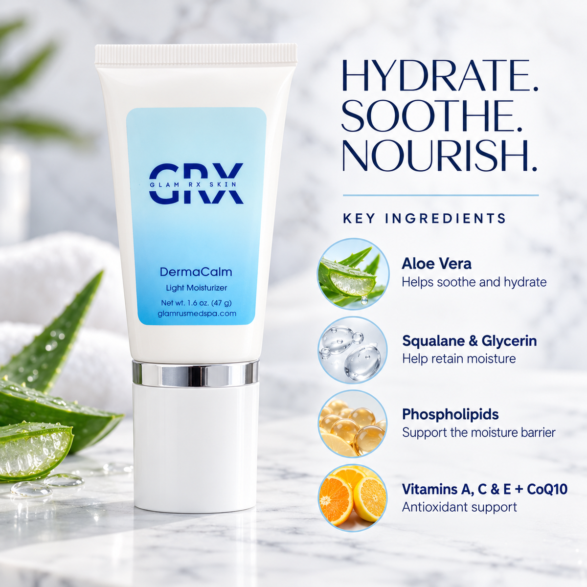 DermaCalm key ingredients — aloe vera, squalane, glycerin, phospholipids and antioxidants