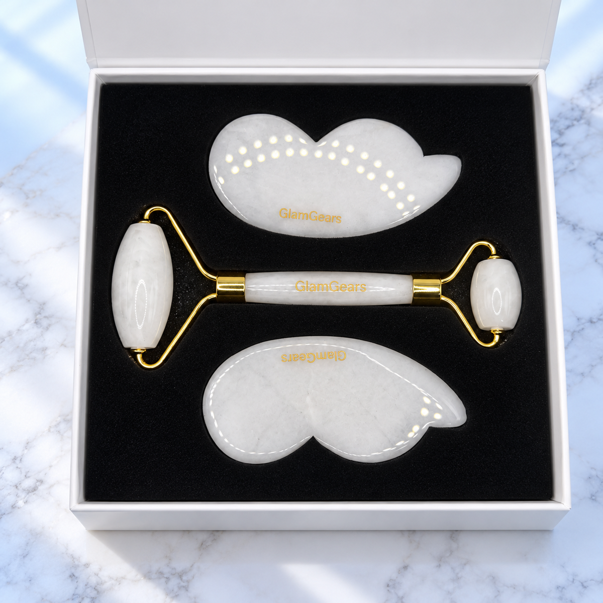 GlamGears white facial tool set — boxed