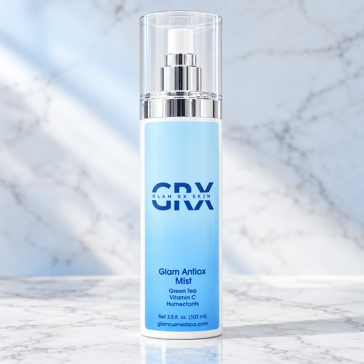 Glam Antioxidant Mist full-size bottle on white marble — front
