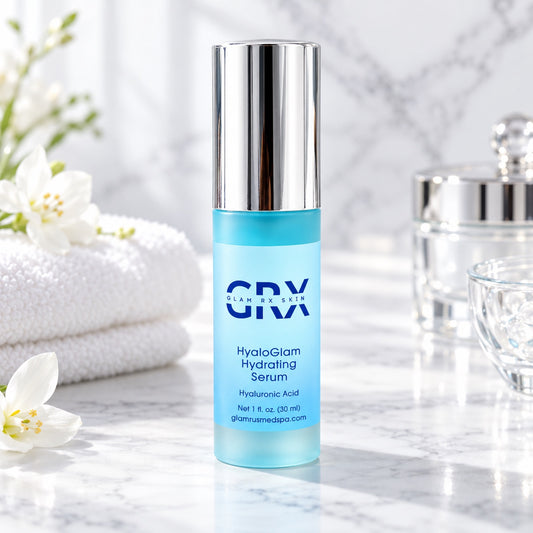 GRX HyaloGlam Hydrating Serum on a marble vanity