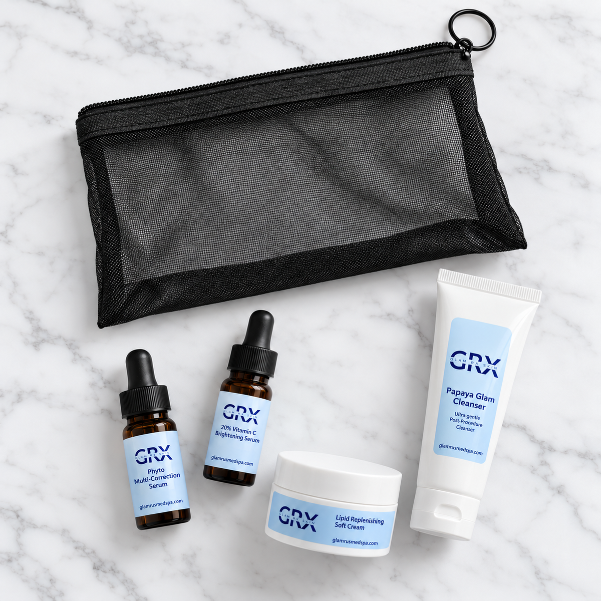 GRX Recovery Kit travel-size skincare — flatlay