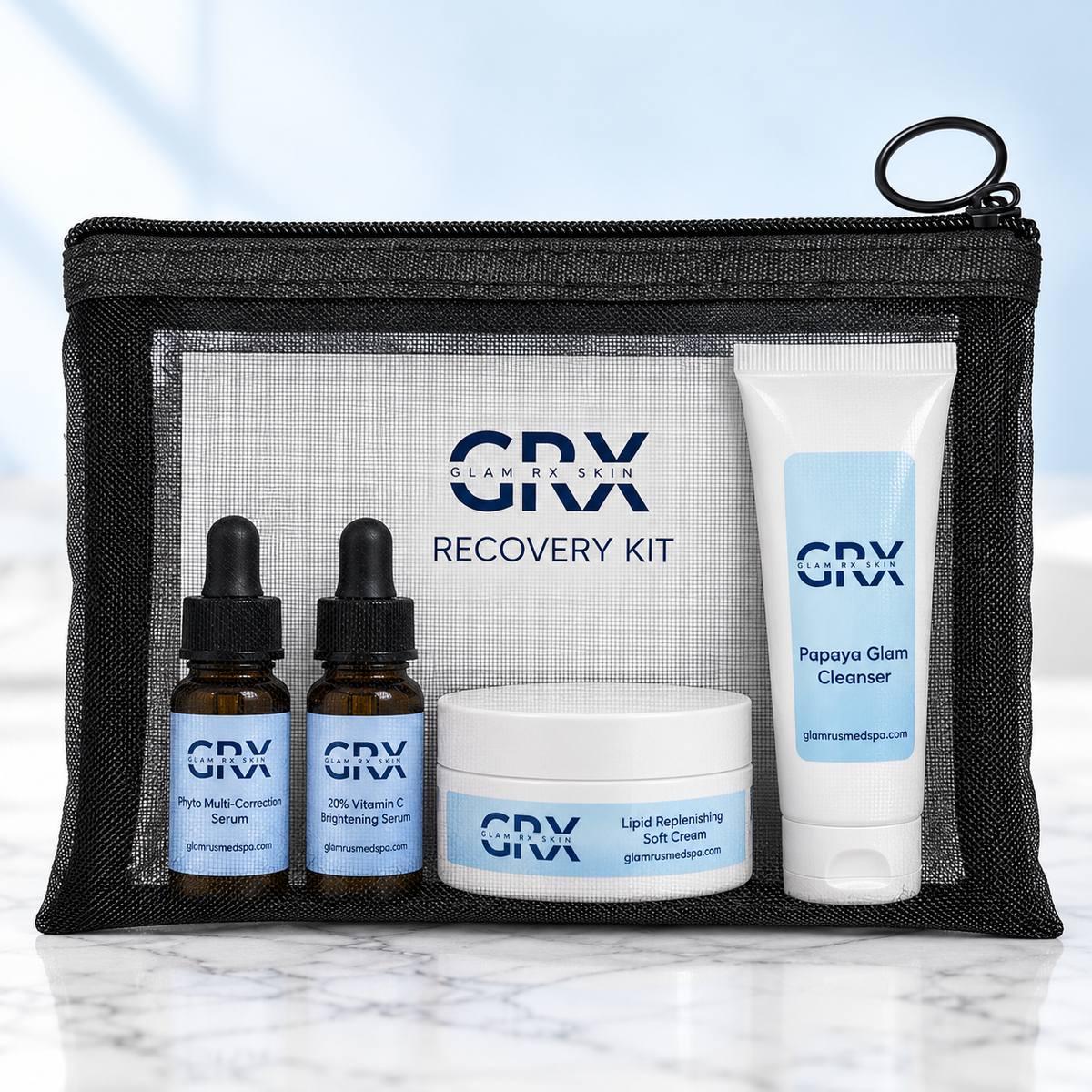 GRX Recovery Kit travel-size skincare — pouch